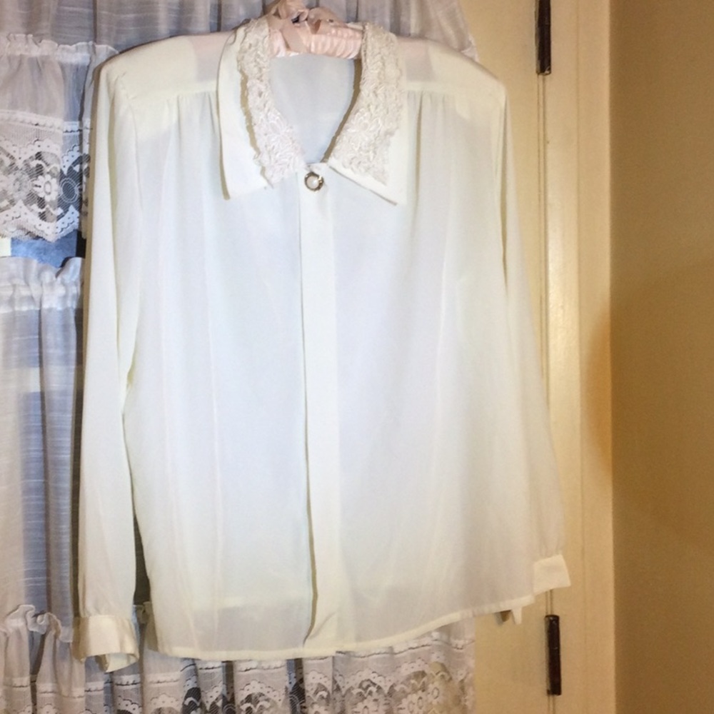 Impressions of California White Sheer Blouse with Lace on Collar